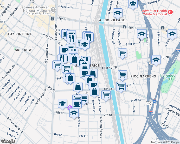 map of restaurants, bars, coffee shops, grocery stores, and more near South Santa Fe Avenue in Los Angeles
