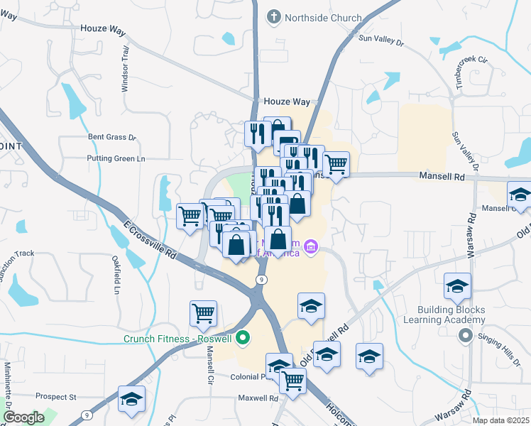 map of restaurants, bars, coffee shops, grocery stores, and more near 10587 Houze Road in Roswell