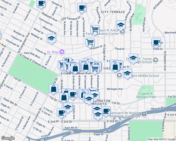 map of restaurants, bars, coffee shops, grocery stores, and more near 418 North Townsend Avenue in Los Angeles