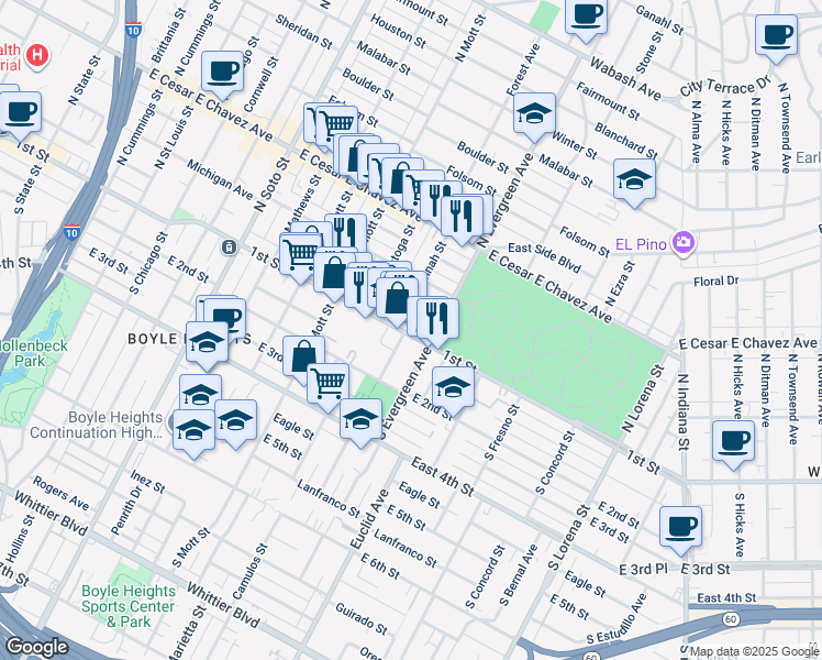 map of restaurants, bars, coffee shops, grocery stores, and more near 2909 East 1st Street in Los Angeles