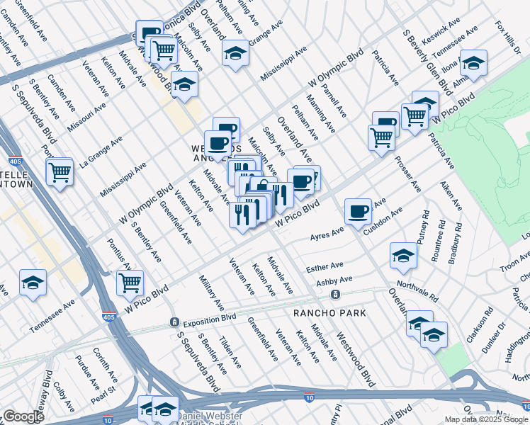 map of restaurants, bars, coffee shops, grocery stores, and more near 2367 Westwood Boulevard in Los Angeles