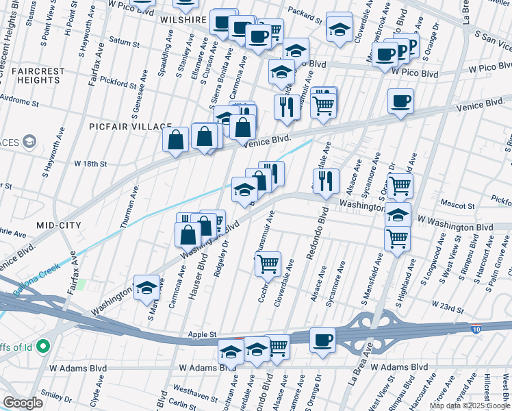 map of restaurants, bars, coffee shops, grocery stores, and more near 5299 Washington Boulevard in Los Angeles