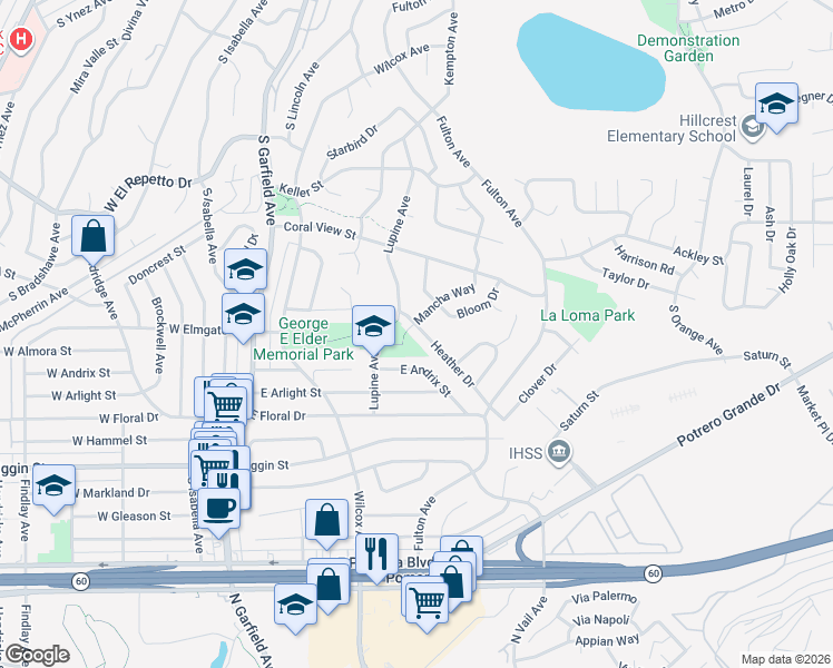 map of restaurants, bars, coffee shops, grocery stores, and more near 2005 Heather Drive in Monterey Park