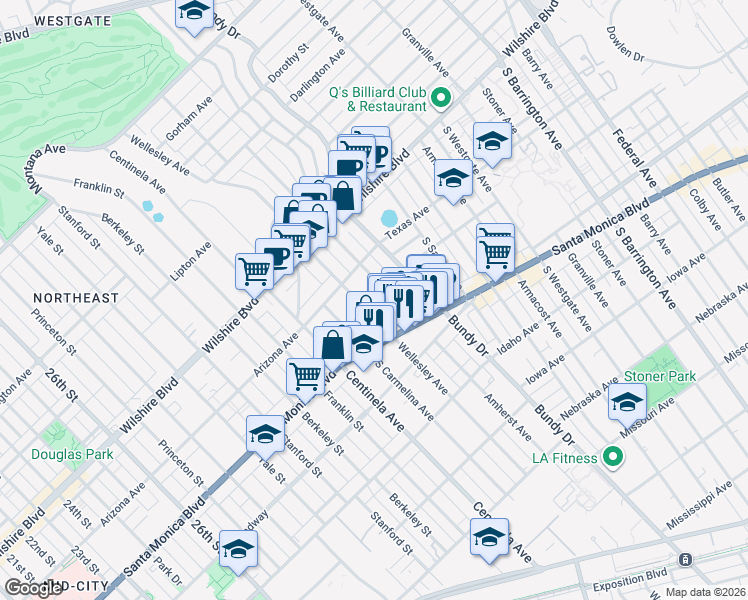 map of restaurants, bars, coffee shops, grocery stores, and more near 12217 Rochester Avenue in Los Angeles