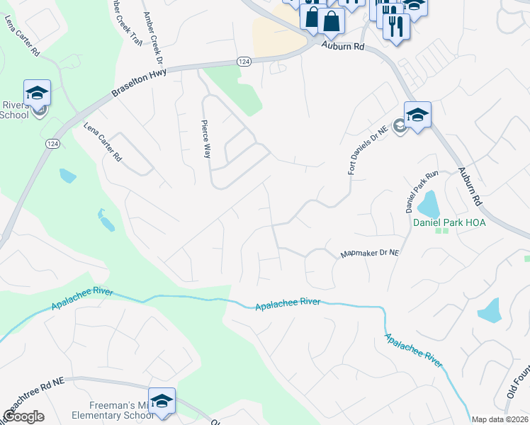map of restaurants, bars, coffee shops, grocery stores, and more near 1844 Fort River Way in Dacula