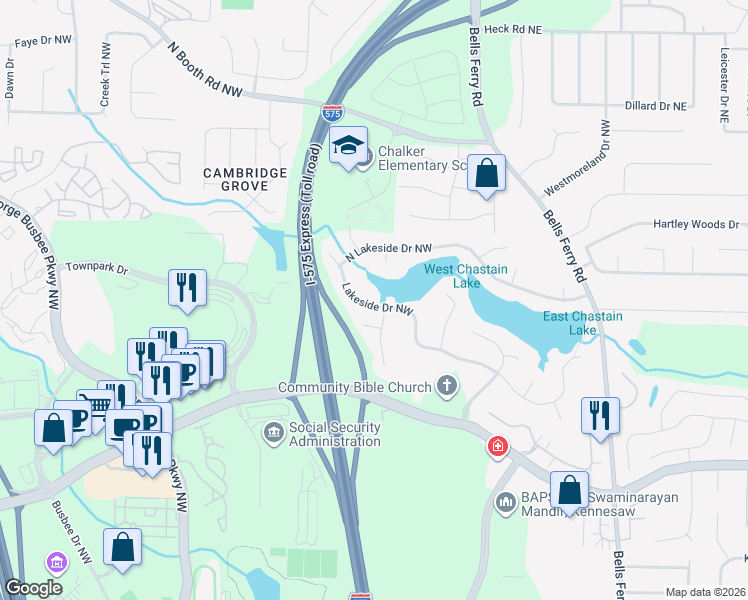map of restaurants, bars, coffee shops, grocery stores, and more near 200 Lakeside Drive Northwest in Kennesaw
