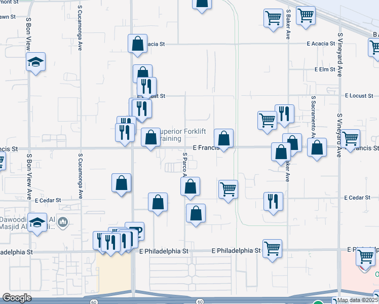 map of restaurants, bars, coffee shops, grocery stores, and more near 1408 East Francis Street in Ontario