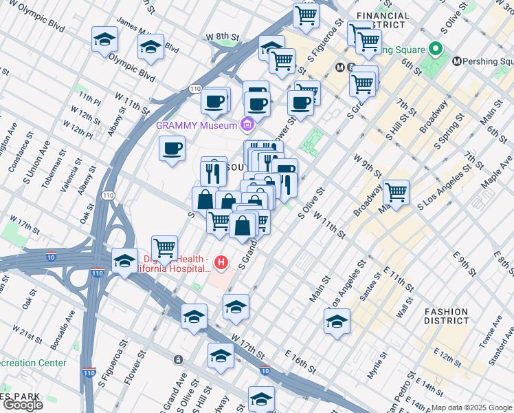 map of restaurants, bars, coffee shops, grocery stores, and more near 1147s South Hope Street in Los Angeles