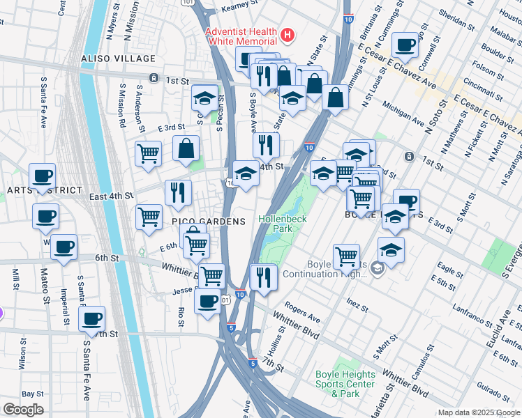 map of restaurants, bars, coffee shops, grocery stores, and more near 516 South Boyle Avenue in Los Angeles