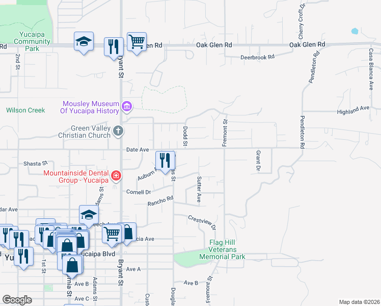 map of restaurants, bars, coffee shops, grocery stores, and more near 35577 Date Avenue in Yucaipa