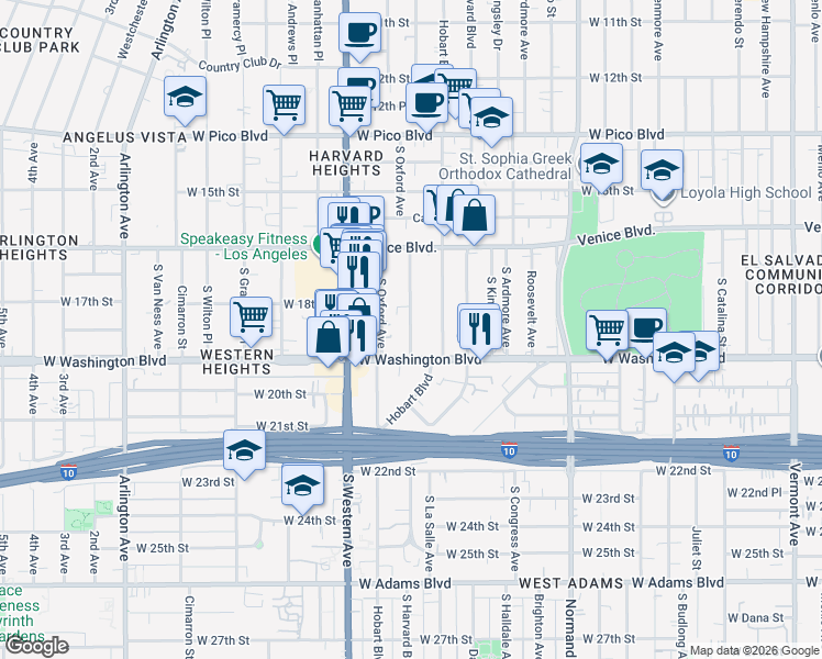 map of restaurants, bars, coffee shops, grocery stores, and more near 1812 Westmoreland Boulevard in Los Angeles