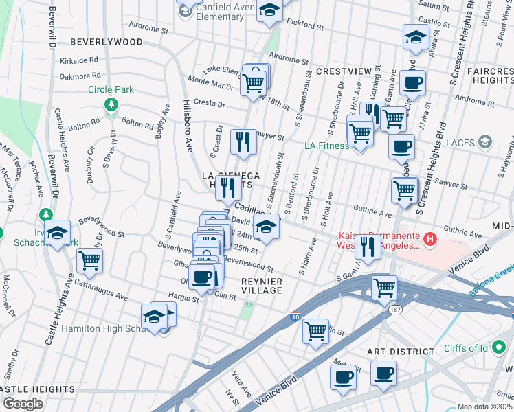 map of restaurants, bars, coffee shops, grocery stores, and more near 8939 Cadillac Avenue in Los Angeles