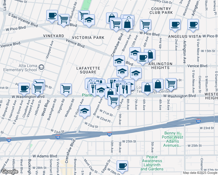 map of restaurants, bars, coffee shops, grocery stores, and more near 1816 South Bronson Avenue in Los Angeles