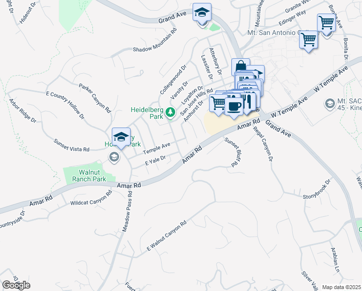 map of restaurants, bars, coffee shops, grocery stores, and more near 1234 Heidelberg Avenue in Walnut