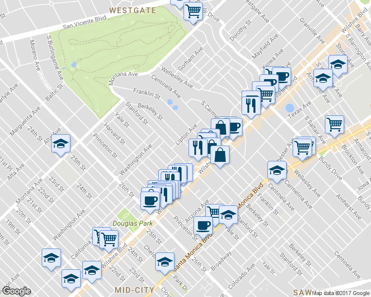 map of restaurants, bars, coffee shops, grocery stores, and more near 1124 Berkeley Street in Santa Monica