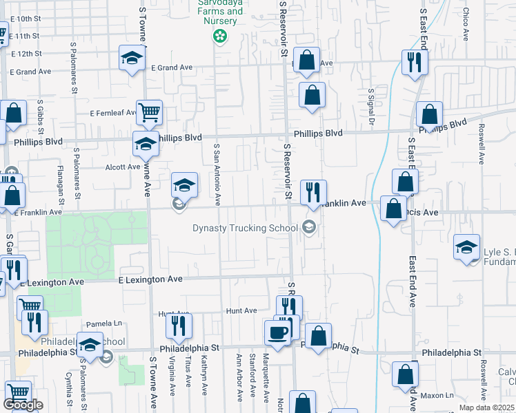 map of restaurants, bars, coffee shops, grocery stores, and more near 1108 East Franklin Avenue in Pomona