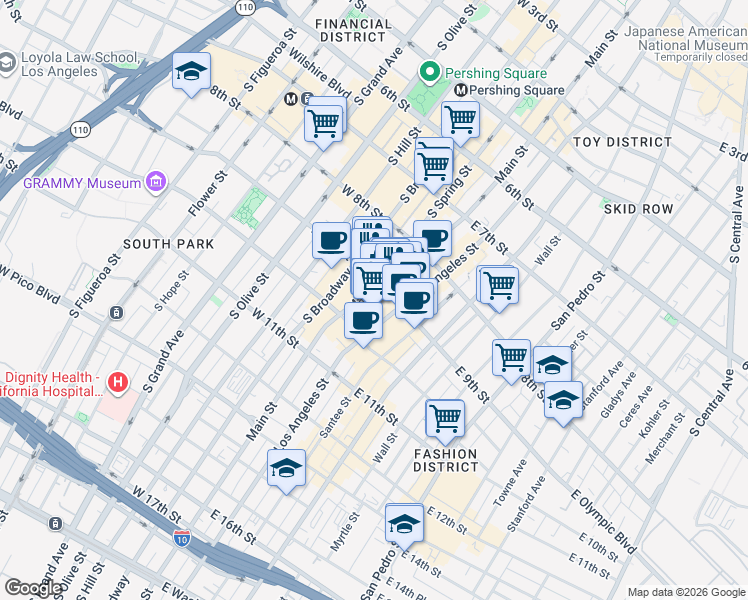map of restaurants, bars, coffee shops, grocery stores, and more near 110 East 9th Street in Los Angeles