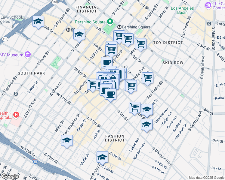 map of restaurants, bars, coffee shops, grocery stores, and more near 825 Santee Street in Los Angeles