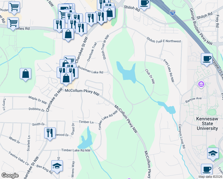 map of restaurants, bars, coffee shops, grocery stores, and more near 2170 Fairways Court in Kennesaw