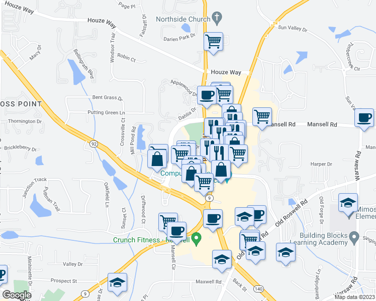 map of restaurants, bars, coffee shops, grocery stores, and more near 605 Mansell Road in Roswell