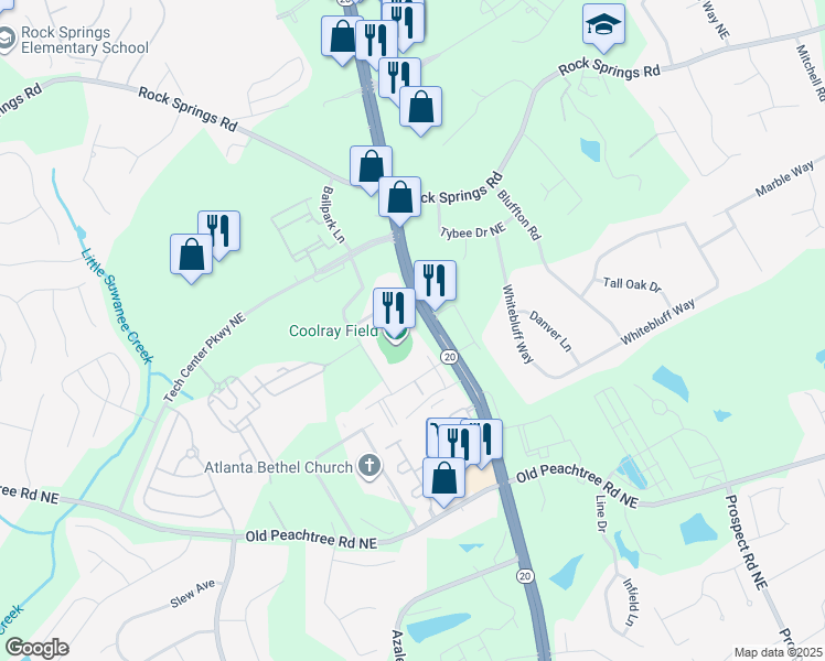 map of restaurants, bars, coffee shops, grocery stores, and more near 44 Braves Avenue in Lawrenceville