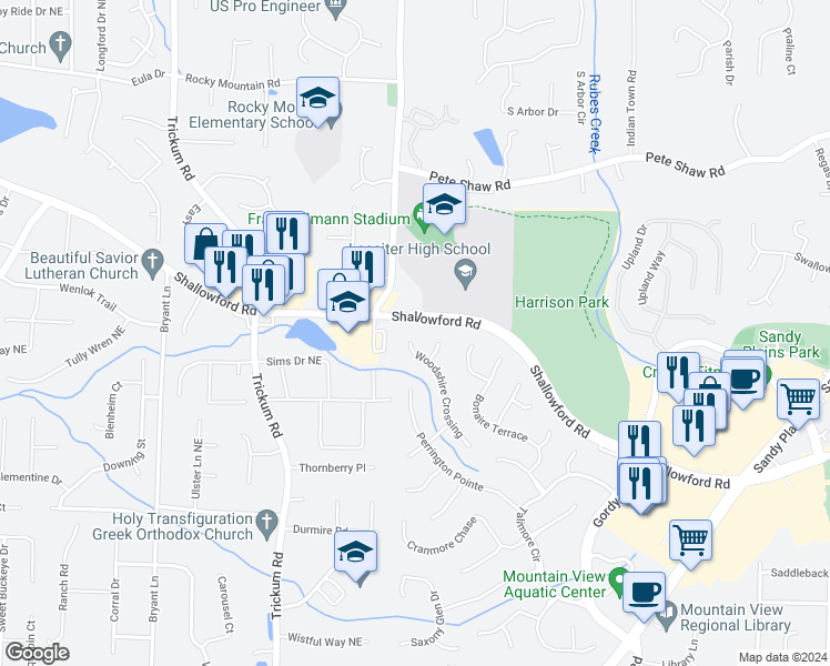 map of restaurants, bars, coffee shops, grocery stores, and more near 3436 Woodshire Crossing in Marietta