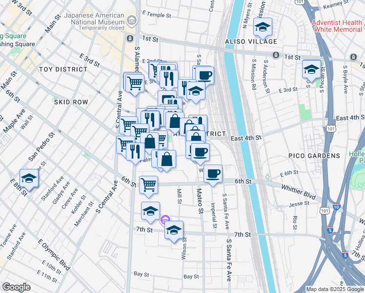 map of restaurants, bars, coffee shops, grocery stores, and more near 530 South Hewitt Street in Los Angeles