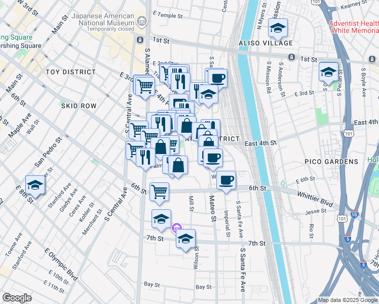 map of restaurants, bars, coffee shops, grocery stores, and more near 530 South Hewitt Street in Los Angeles