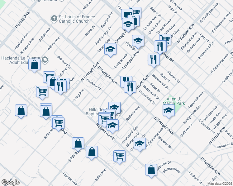 map of restaurants, bars, coffee shops, grocery stores, and more near 520 Cabana Avenue in La Puente