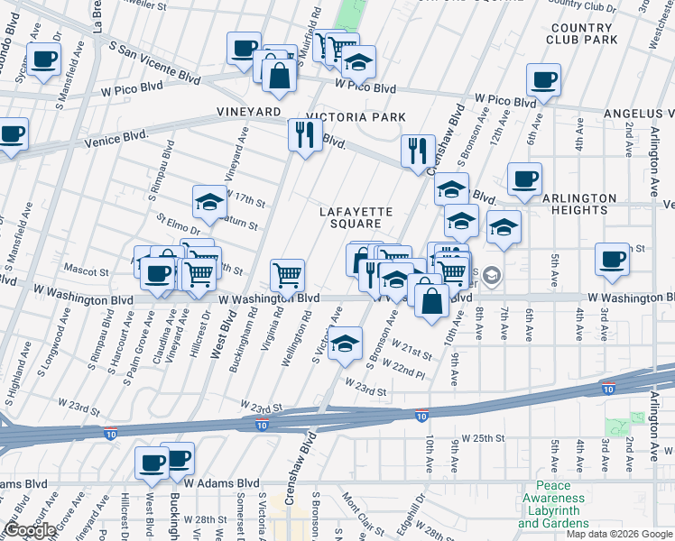 map of restaurants, bars, coffee shops, grocery stores, and more near 1826 Wellington Road in Los Angeles