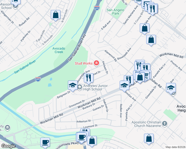 map of restaurants, bars, coffee shops, grocery stores, and more near 805 Vinemead Drive in Whittier