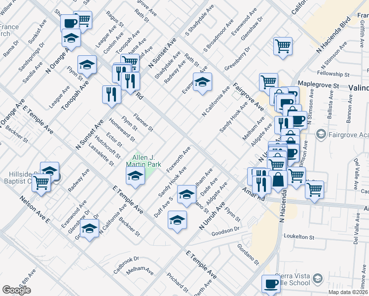 map of restaurants, bars, coffee shops, grocery stores, and more near 847 Foxworth Avenue in La Puente