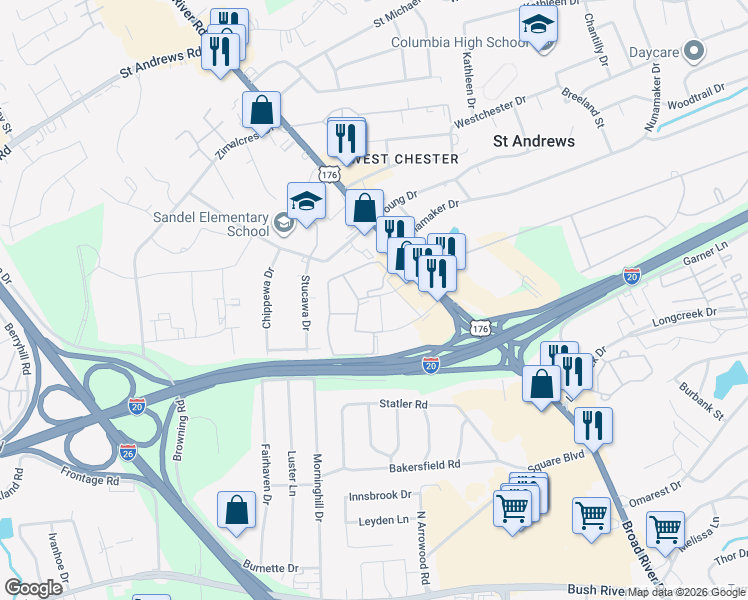 map of restaurants, bars, coffee shops, grocery stores, and more near 222 Old Manor Road in Columbia