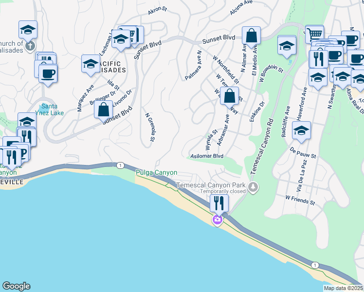 map of restaurants, bars, coffee shops, grocery stores, and more near 425 North Puerto Del Mar in Los Angeles
