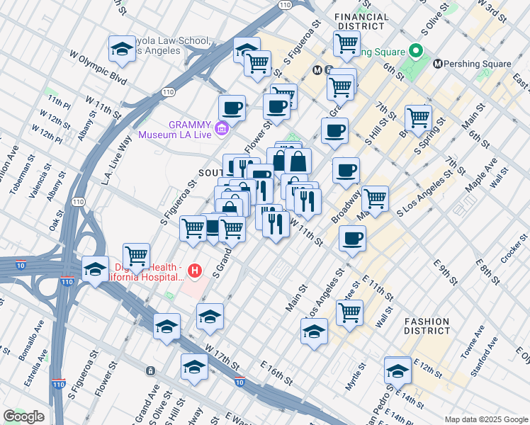 map of restaurants, bars, coffee shops, grocery stores, and more near 1114 South Grand Avenue in Los Angeles