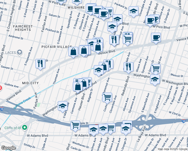 map of restaurants, bars, coffee shops, grocery stores, and more near 1841 S Ridgeley Dr in Los Angeles