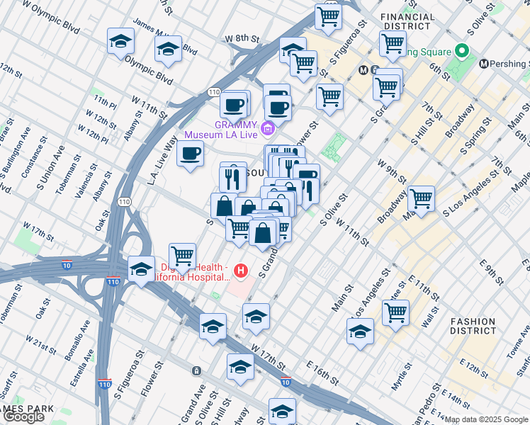 map of restaurants, bars, coffee shops, grocery stores, and more near 1147s South Hope Street in Los Angeles