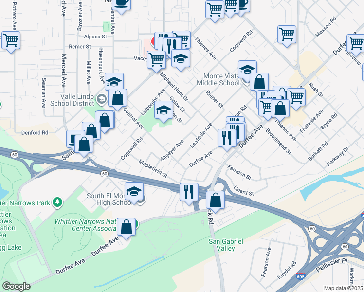 map of restaurants, bars, coffee shops, grocery stores, and more near 1436 Allgeyer Ave in South El Monte