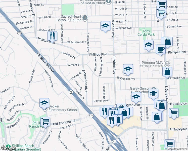 map of restaurants, bars, coffee shops, grocery stores, and more near 1684 Waters Avenue in Pomona