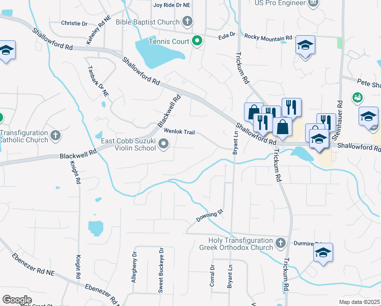 map of restaurants, bars, coffee shops, grocery stores, and more near 2114 Candlewood Court Northeast in Marietta