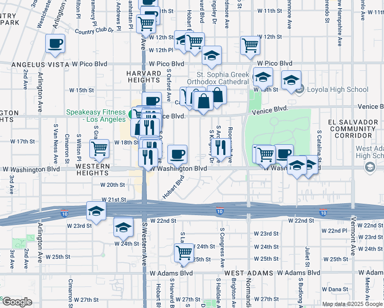 map of restaurants, bars, coffee shops, grocery stores, and more near 1810 South Hobart Boulevard in Los Angeles