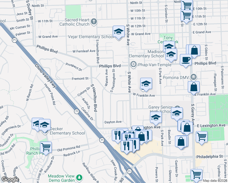 map of restaurants, bars, coffee shops, grocery stores, and more near 1686 South Huntington Street in Pomona