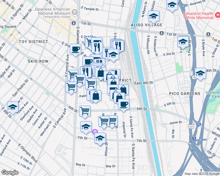 map of restaurants, bars, coffee shops, grocery stores, and more near 530 Mateo Street in Los Angeles