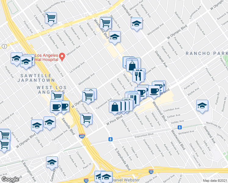 map of restaurants, bars, coffee shops, grocery stores, and more near 2243 Veteran Avenue in Los Angeles