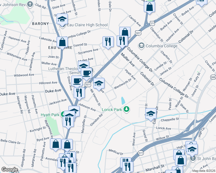 map of restaurants, bars, coffee shops, grocery stores, and more near 1310 Kinderway Avenue in Columbia