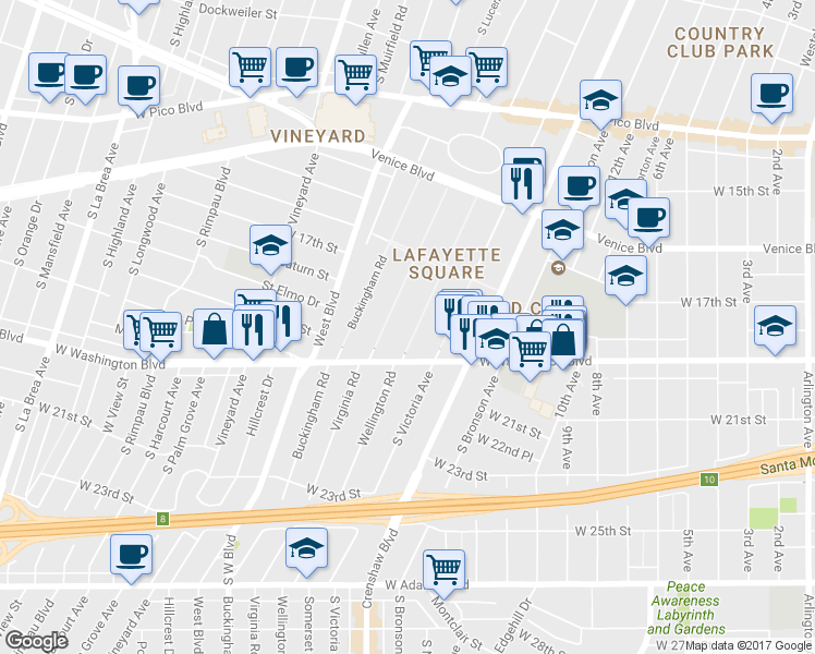 map of restaurants, bars, coffee shops, grocery stores, and more near 1831 Wellington Road in Los Angeles