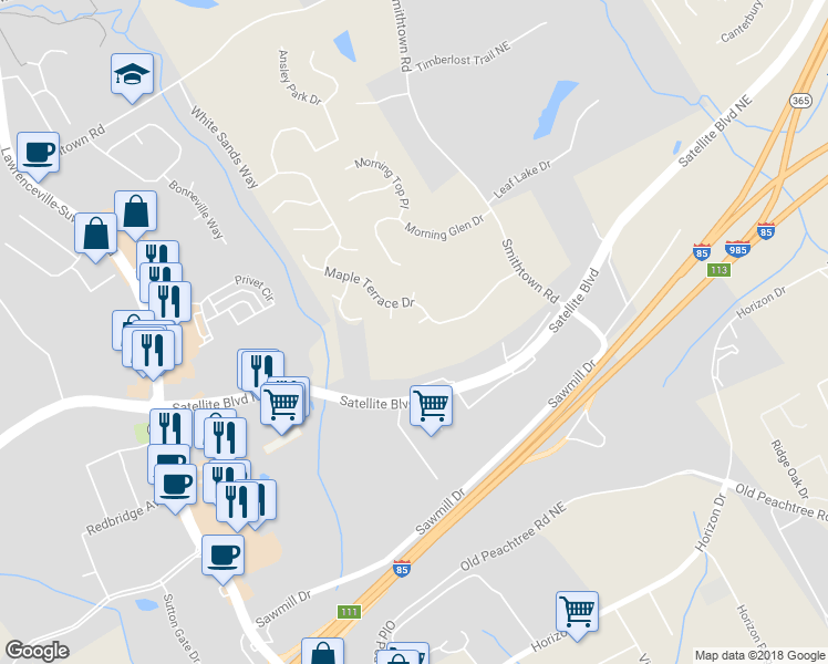 map of restaurants, bars, coffee shops, grocery stores, and more near 60 Gilbert Circle Northeast in Suwanee