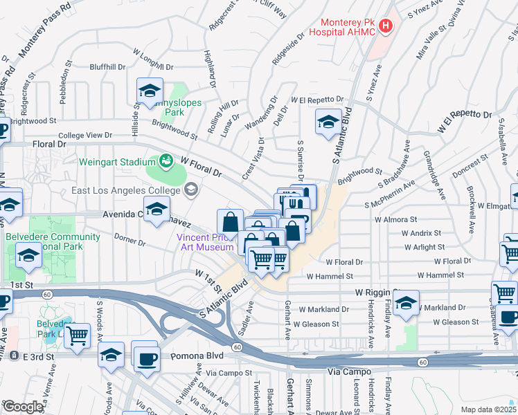 map of restaurants, bars, coffee shops, grocery stores, and more near 1100 West Floral Drive in Monterey Park