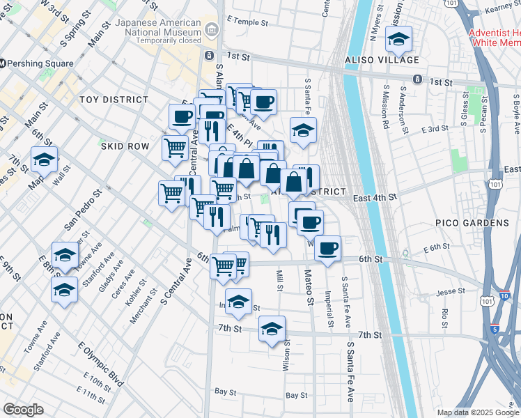 map of restaurants, bars, coffee shops, grocery stores, and more near 525 South Hewitt Street in Los Angeles