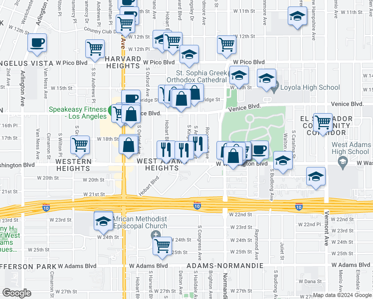 map of restaurants, bars, coffee shops, grocery stores, and more near 1811 South Kingsley Drive in Los Angeles